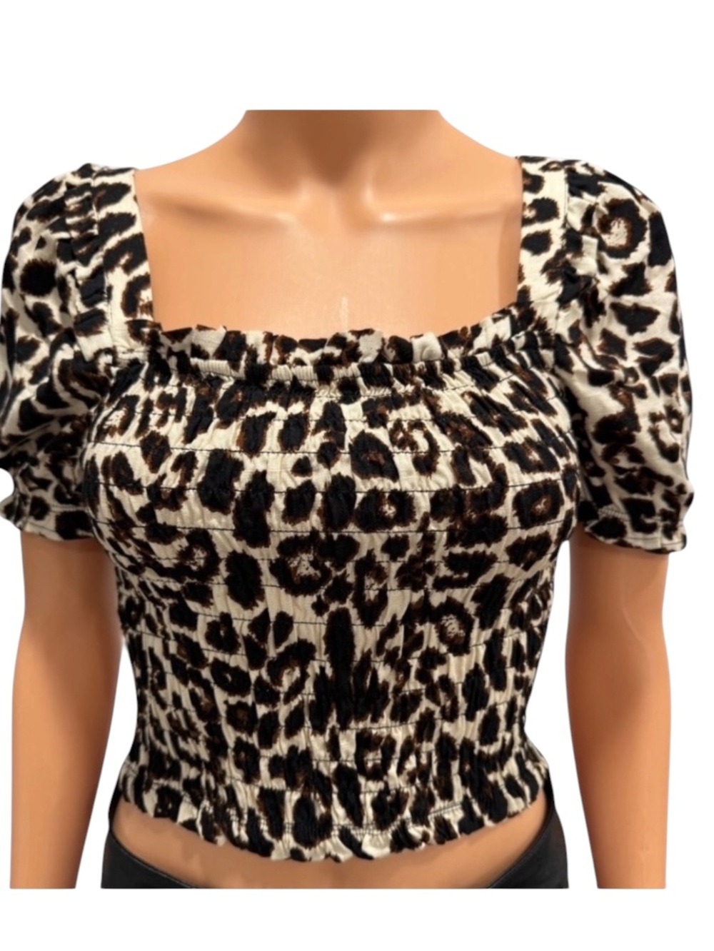 MONTEAU Leopard Animal Print Short Sleeve Linen Blend Crop Top NWT Large